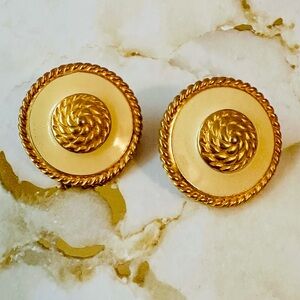 Vintage Nautical Elegant Gold and Cream Round Button Pierced Earrings